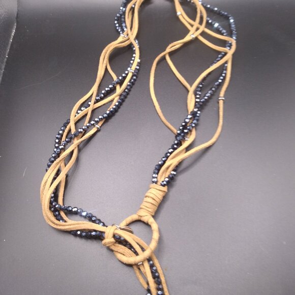 Chico's Black AB Crystal Beads with tan Leather Necklace Lariate - Picture 5 of 7